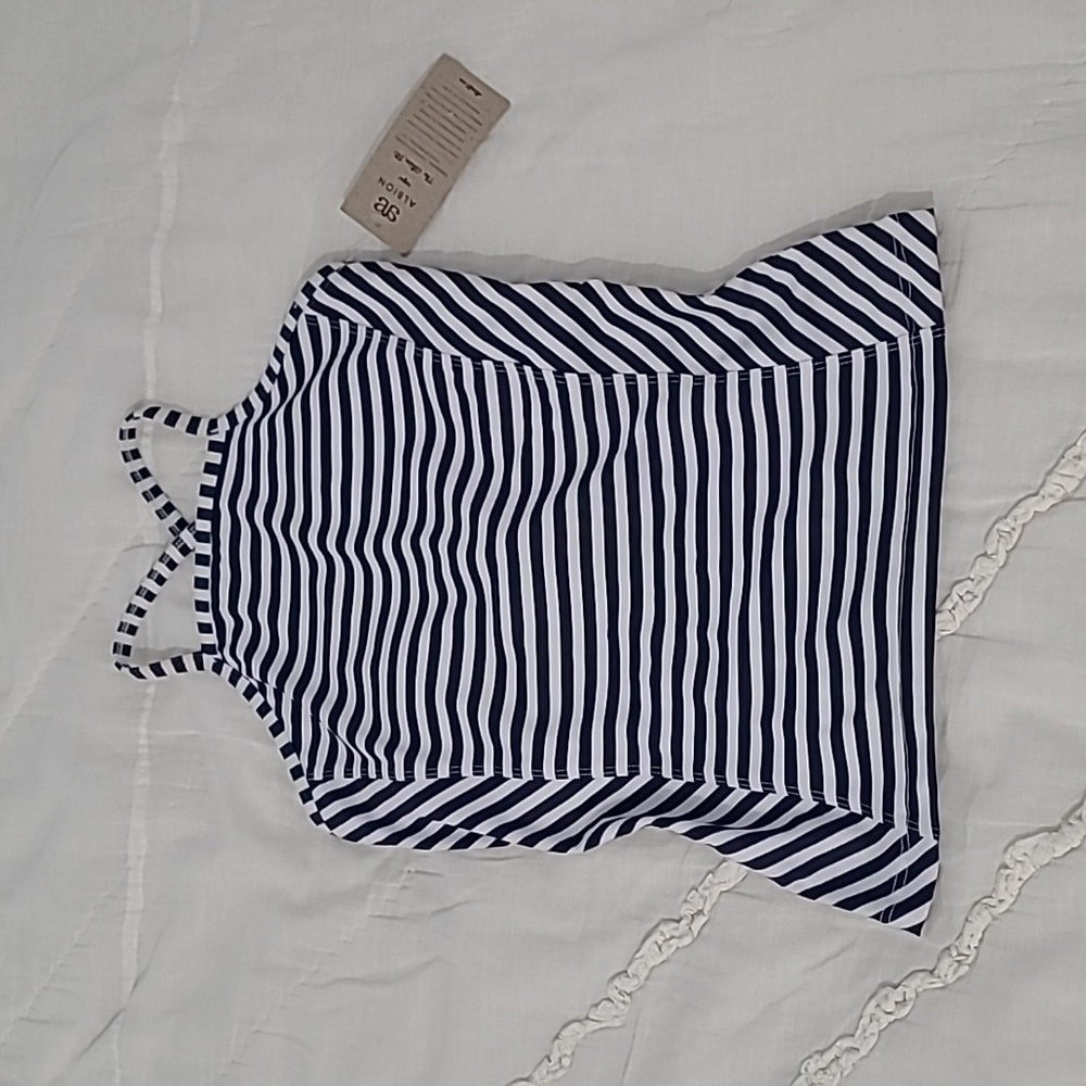 Women's Albion Fit Navy Blue and White Striped Tankini Swim Top Size XS NWT